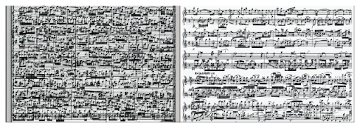 Two outputs after fine-tuning, with dense black notation-like symbols arranged over repeated horizontal staff lines. The violin example at left is denser than the trumpet example at right.